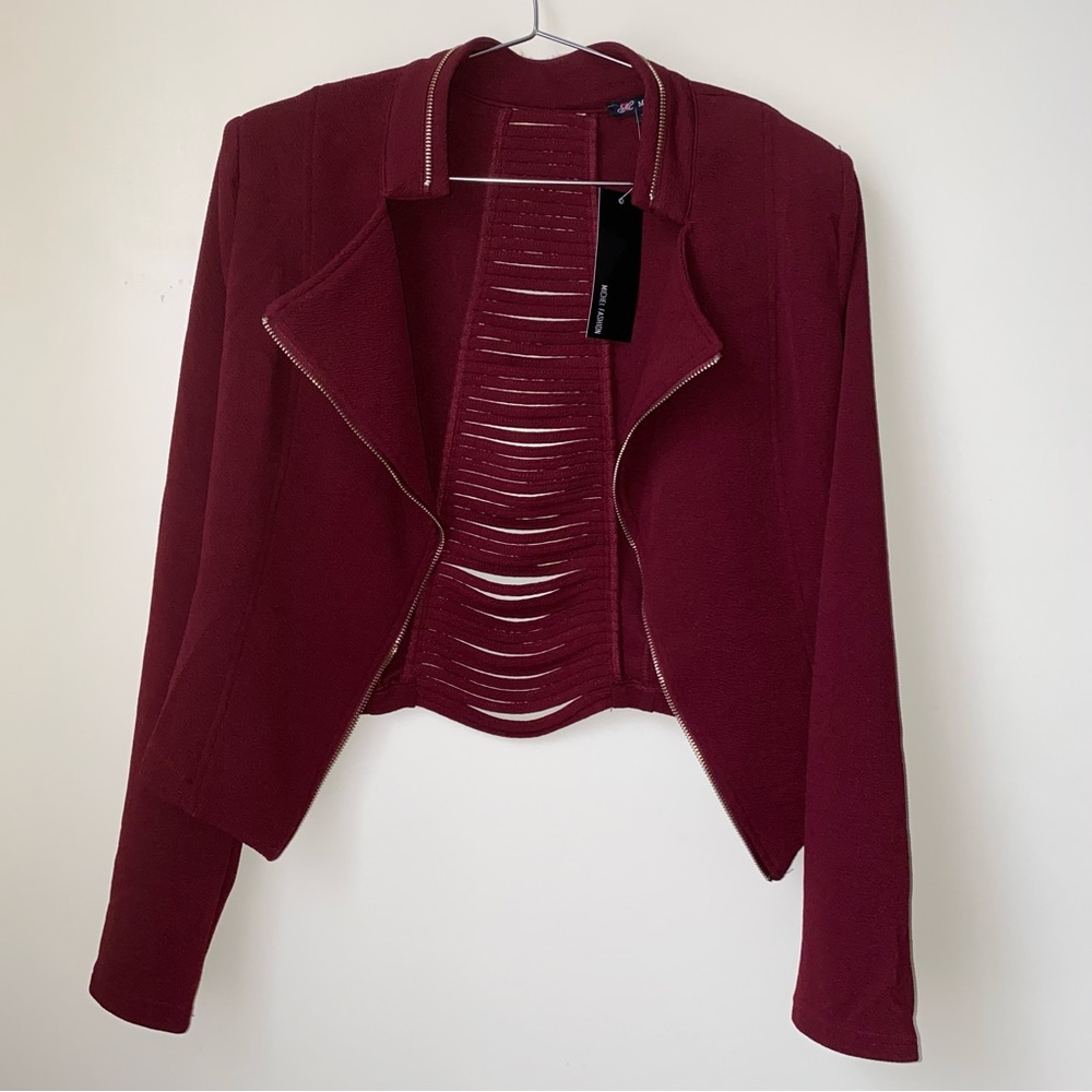 Michel Womens Fleece Jacket Classic Crop
Rider Zip UP Burgundy Res Jacket